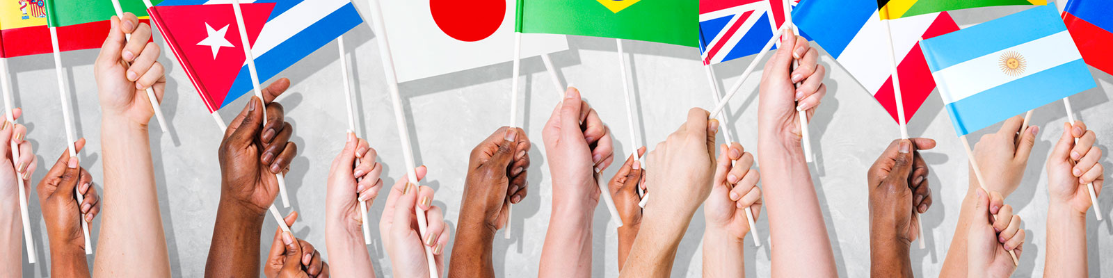 raised hands holding international flags