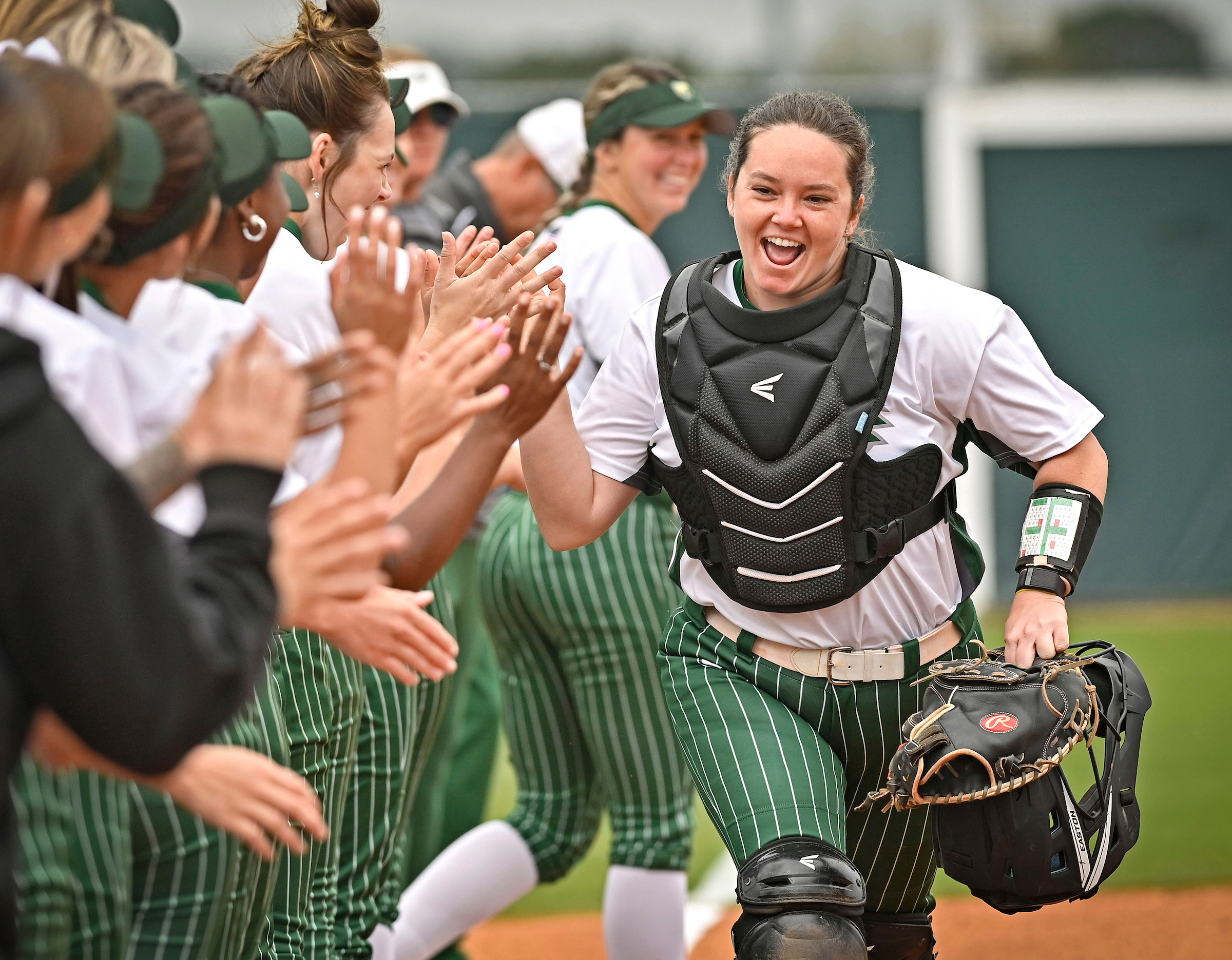 Pelaez celebrates with teammates.