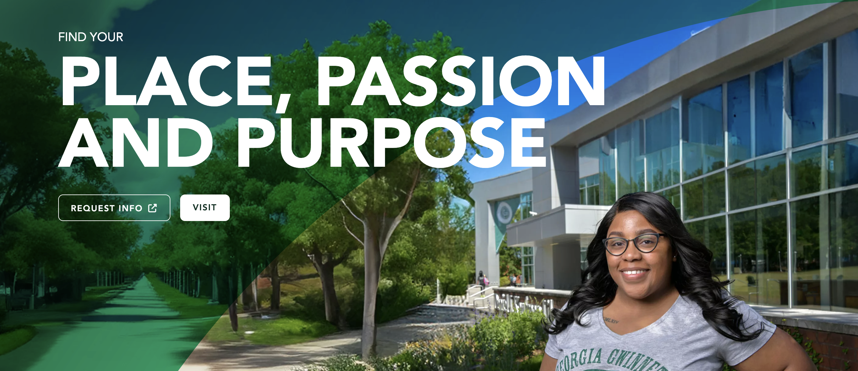 New CMS redesign banner includes GGC theme and a student standing in front of the library