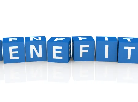 Blue and white blocks that spells out benefits