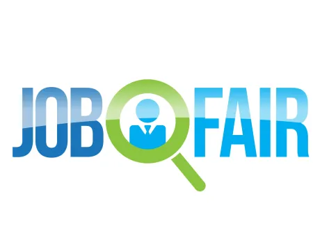 Job Fair written out in blue letters and magnifying class with stick person inside