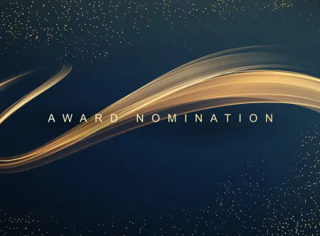 An image with dark blue background and gold ribbon-like swirl across the image over the words Award Nomination