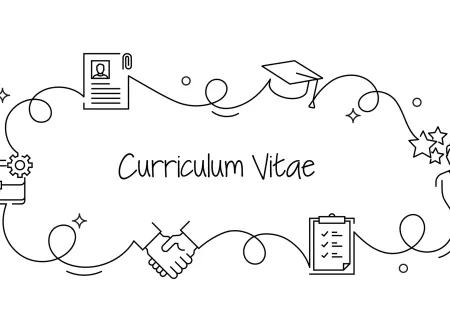 black and white image of the word curriculum vitae in the middle of a circle of other academic images