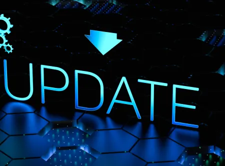 The word "Update" written in iridescent blue with a download arrow above and cyberspace