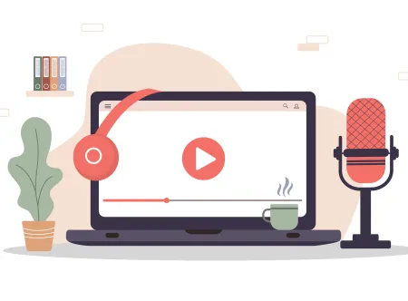 Image of laptop with video vector, bookshelf, plant, headphones and microphone