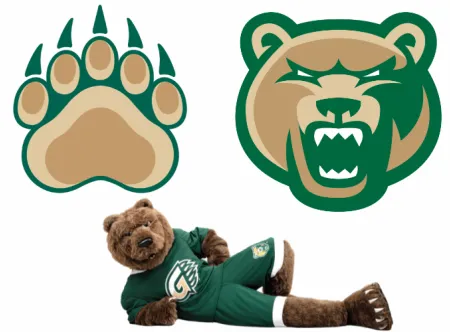collage of GGC digital graphic elements including General's Paw, the forward facing bear-head logo and General the mascot laying down