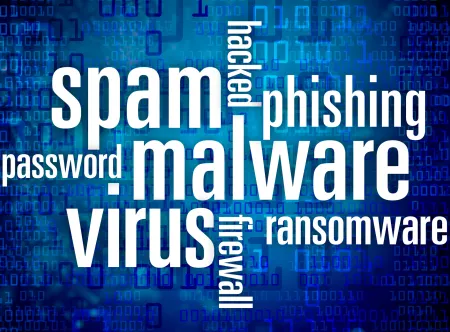 Getty Image of a blue background word cloud and white lettering "spam," "phishing," "password," "malware," "virus," "ransomware," "hacked," and "firewall"