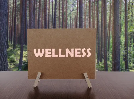 Getty Images "WELLNESS" written on a brown board held up by clothes pins; forest background
