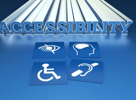 Getty Images "ACCESSIBILITY" written in light blue letters with white streaks connected to each letter and four disability icons below the word