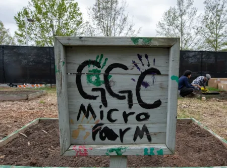 Wood sign of "GGC Microfarm" stake in ground