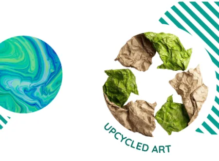 Picture of a blue and green earth on the right side of image and a recycled icon-shaped image of paper and green arrows on the left side of image