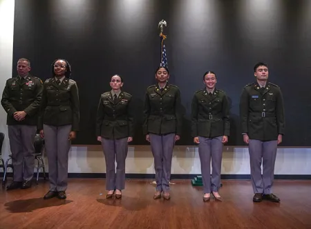 Five GGC graduates, Shakira Jean-Jules, Hannah Fuchko, Ashley Villagomez, Enna Lackey and Darhan Amundson, were commissioned as second lieutenants in the U.S. Army and Georgia National Guard