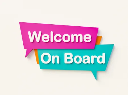 Getty Image "Welcome On Board" written in white letters and highlighted in pink and green blocks on a beige background