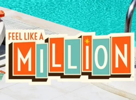 "Feel Like a Million" banner theme written over a pool and chair background 