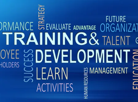 Getty Images word cloud on blue background including "training & development, performance, learn, activities, education, future, organization, talent, goals"