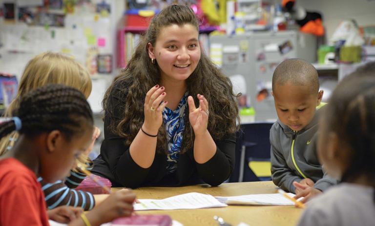 Education major student teaching in the classroom