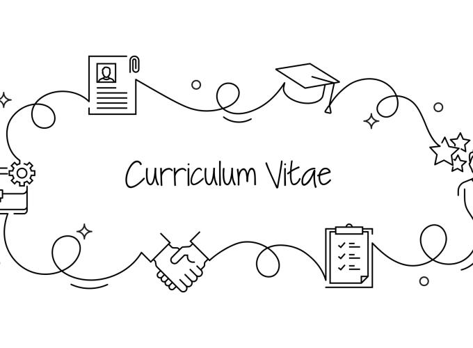 black and white image of the word curriculum vitae in the middle of a circle of other academic images