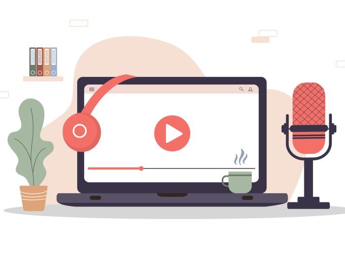 Image of laptop with video vector, bookshelf, plant, headphones and microphone