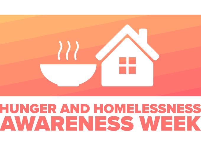 Image of hunger and homelessness week written in white letters on peach-colored background