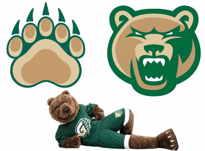 collage of GGC digital graphic elements including General's Paw, the forward facing bear-head logo and General the mascot laying down