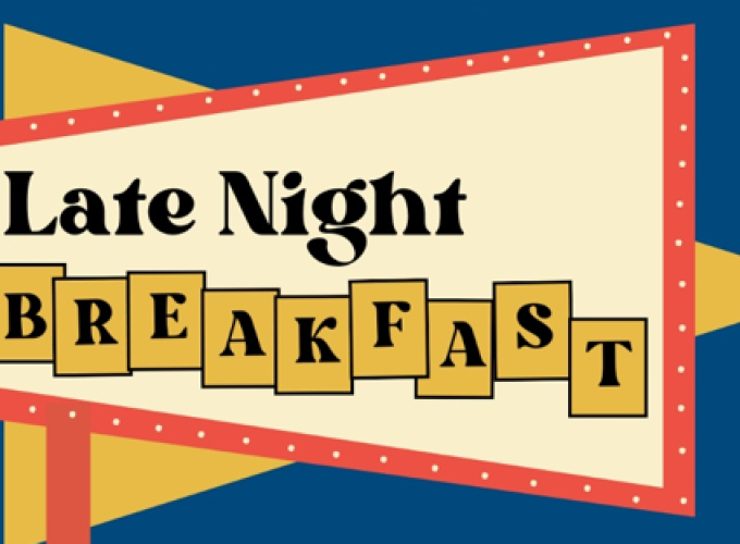 "Late Night Breakfast" image with blue, yellow and red decorative colors