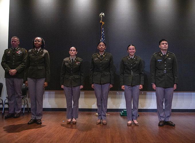 Five GGC graduates, Shakira Jean-Jules, Hannah Fuchko, Ashley Villagomez, Enna Lackey and Darhan Amundson, were commissioned as second lieutenants in the U.S. Army and Georgia National Guard