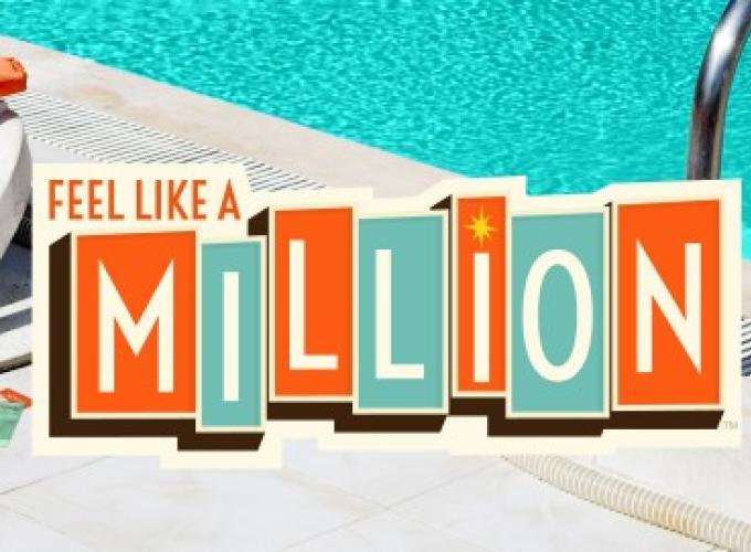 "Feel Like a Million" banner theme written over a pool and chair background 