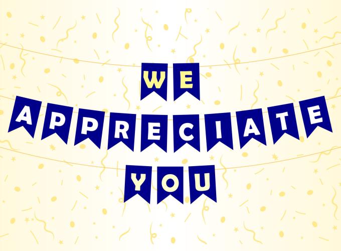 "We appreciate you" banner in three layers, white letters written on blue flags over a tan background 