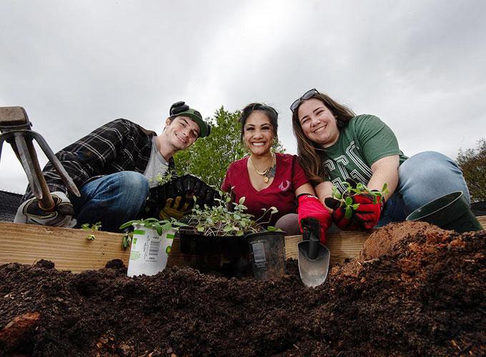 GGC students planting in the on-campus microfarm