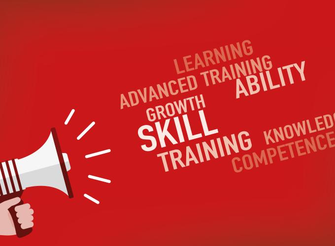 Stock photo of red background with white bullhorn icon and words "Learning, Advanced Training, Growth, Ability, Skill, Training, Knowlege, Competence