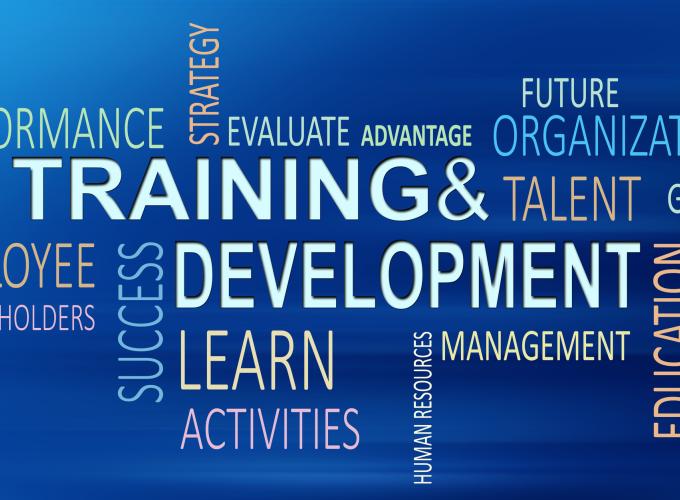 Getty Images word cloud on blue background including "training & development, performance, learn, activities, education, future, organization, talent, goals"