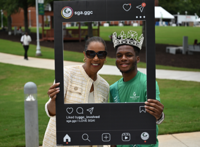 GGC President Dr. Jann L. Joseph poses with GGC Student Body President Coréon Johnson Wednesday, August 13, 2025 during Spirit Day at the Student Plaza.