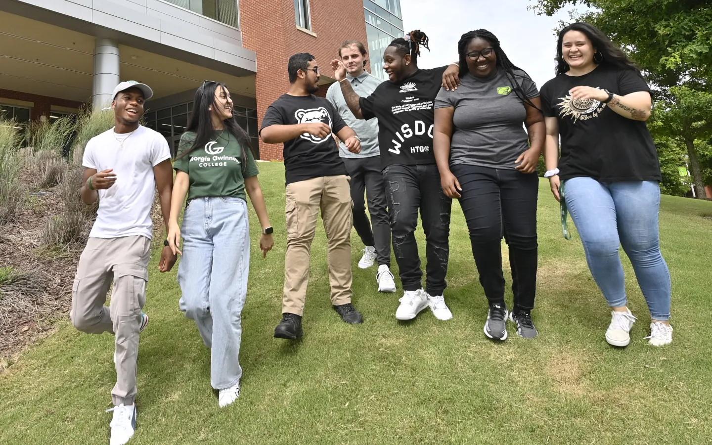 Students laughing in front of Building C