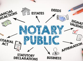 Image of Notary Public with pencils and drawings of money, houses, person, gavel, paper, handshake