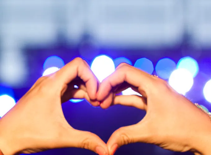 hands signaling a heart against blue background