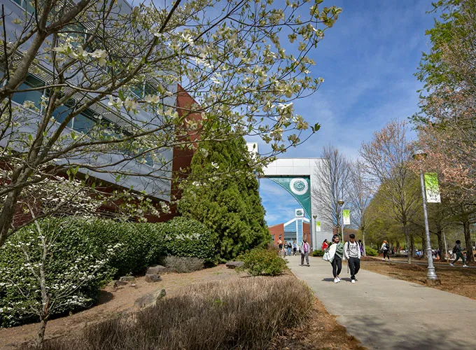 view of arch outside the library on spring day