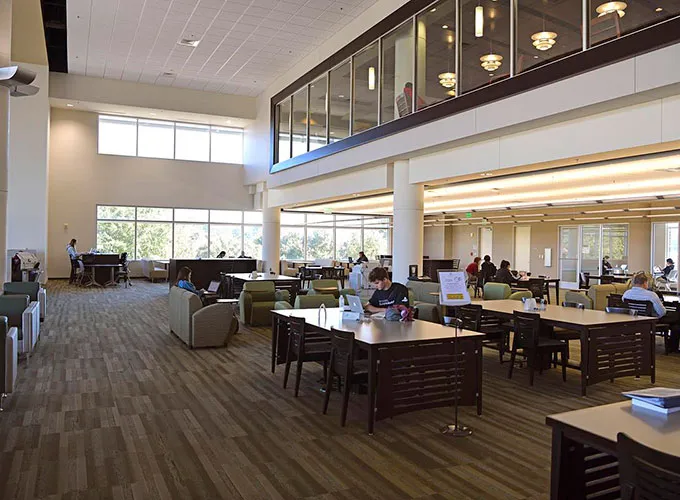 library second floor study area with third floor reading room above