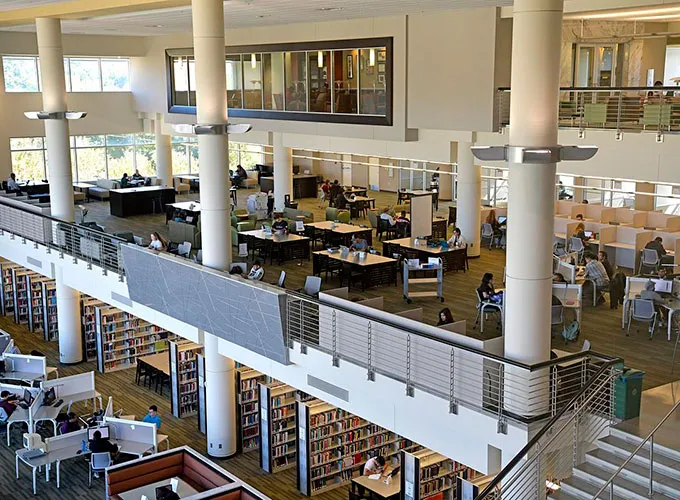 wide view of the library's three floors