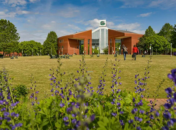 Signature Building B and purple flowers