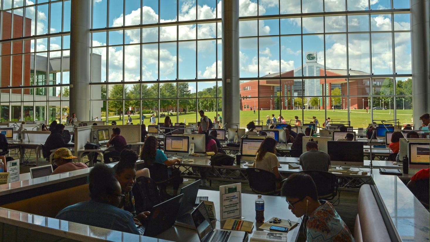 students studying in library