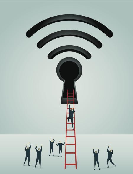 Wireless icon with keyhole and people on ground looking up at man on ladder