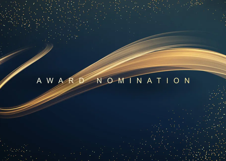 An image with dark blue background and gold ribbon-like swirl across the image over the words Award Nomination