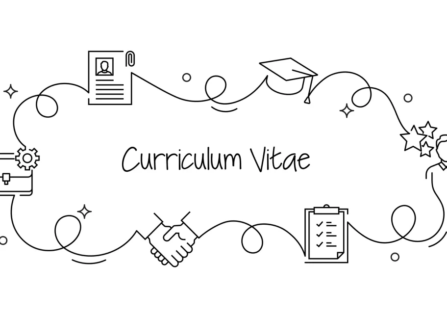 The word curriculum vitae written out inside a decorative circle of images related to education