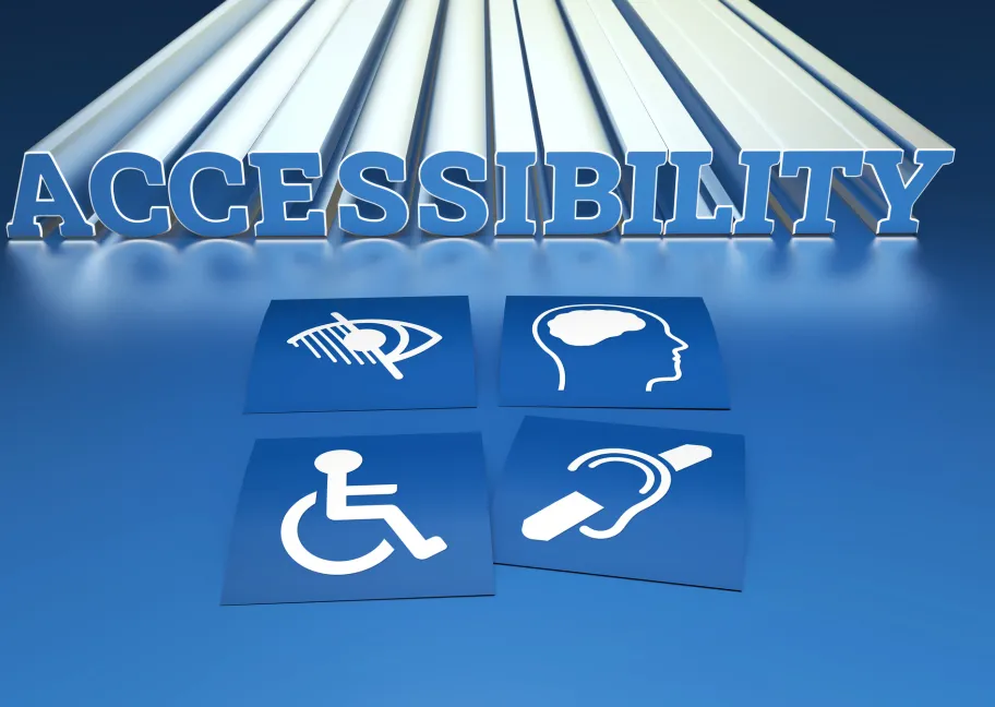 Getty Images "ACCESSIBILITY" written in light blue letters with white streaks connected to each letter and four disability icons below the word