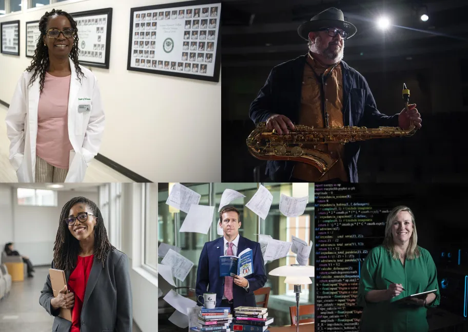 collage of five individual photos of people posing in various places