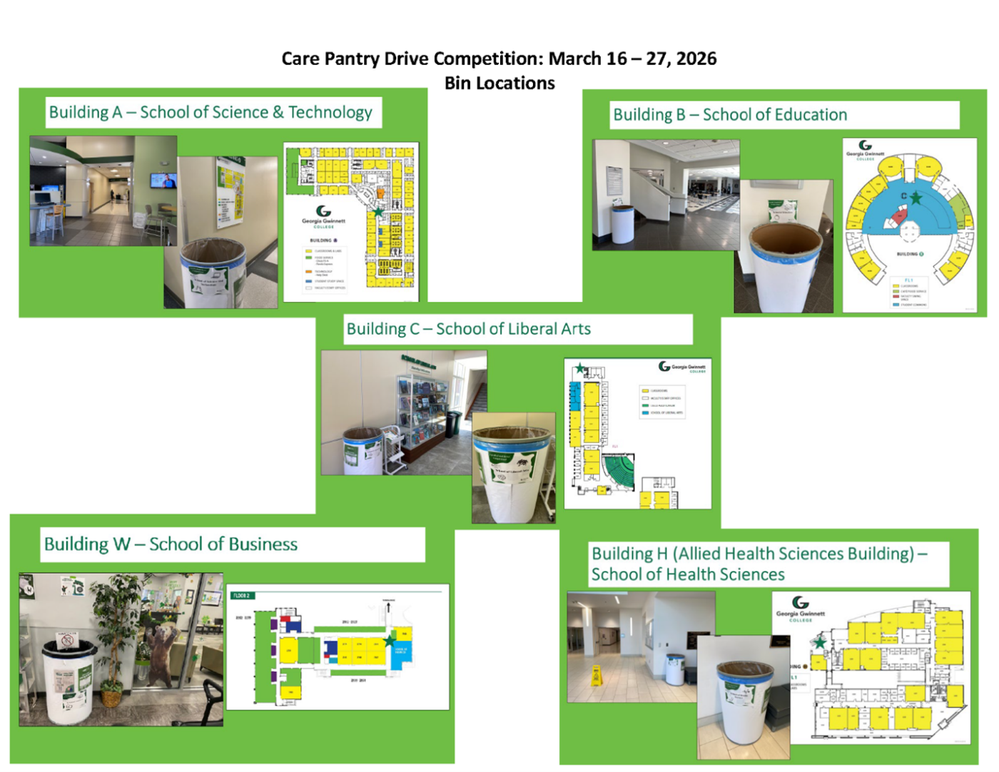 A collage of bin locations around the GGC campus