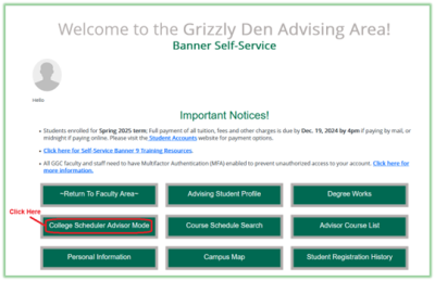 Screenshot of Grizzly Den College Scheduler Homepage