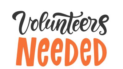 Volunteers needed written out in black and orange letters