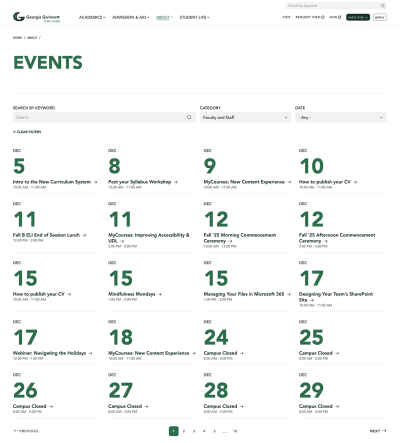 Screenshot of GGC Events homepage