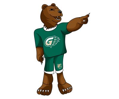 Cartoon General, the GGC mascot, pointing to the right.